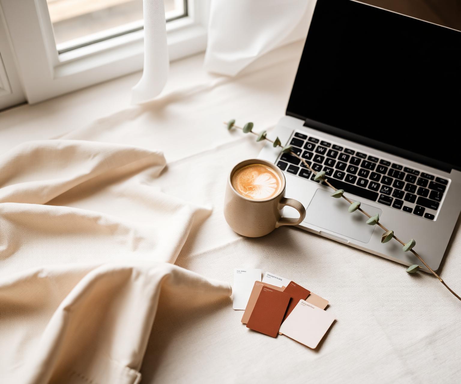Soft warm workspace with laptop, latte, eucalyptus and color swatches